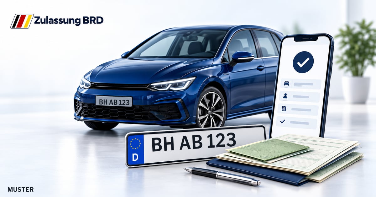 Online Fahrzeugzulassung in Kehl: Musterkennzeichen BH AB 123, Auto und Fahrzeugpapiere und Smartphone. Illustration mit Logo von Zulassung BRD.